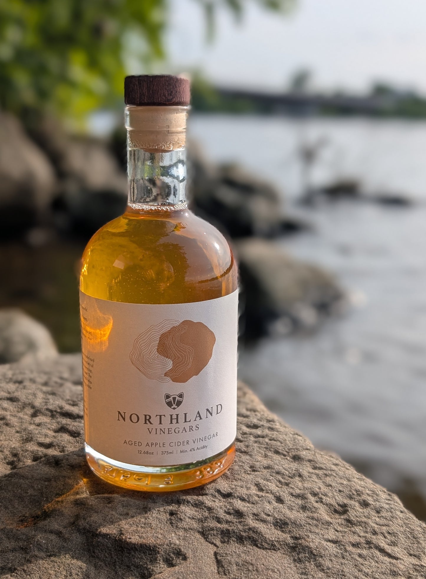 Bottle of Northland Vineyards cider on a rock by a river